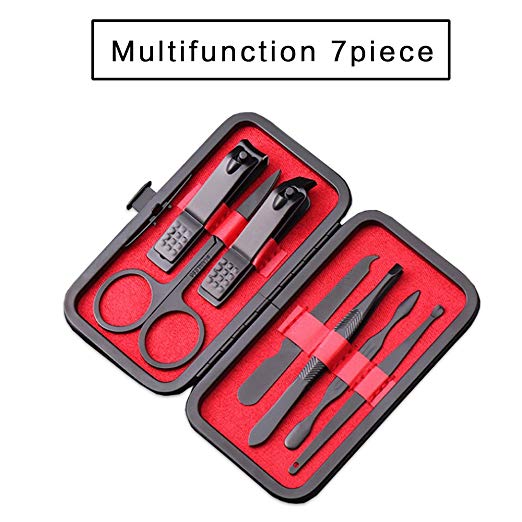 Manicure Pedicure Set,Nail Clippers Set 7 in 1，Professional Stainless Steel Nail Kit and Nail Scissors Grooming kit Black Leather Travel Case Tools ，Ideal Gift for Men/Women.