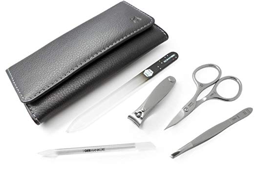 GERManikure 5pc matte stainless steel manicure set in black leather case with magnetic closure