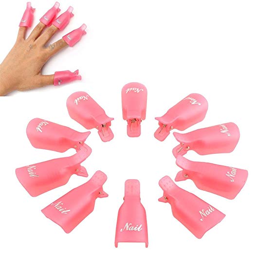 Professional 10 Pcs Durable Reusable Plastic Nail Art Polish Soak Off Remover Wrap Cleaner Clip Cap Tool (Pink)