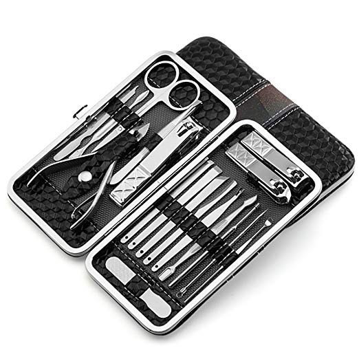 RK Manicure Pedicure Set Nail Clippers 18 Pieces Stainless Steel Professional Pedicure Kit Portable Nail Trimming set and Grooming Tools with Fine Leather Case (Black)