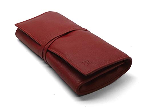 Red leather roll up case with tie for eight or more tools, made by GERManikure