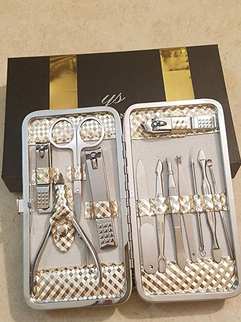 Amazing Professional Manicure Travel Set for men and women. 12 pieces kit of Stainless steel manicure & Pedicure clipping and trimming tools in an attractive Beautiful gold metallic case.