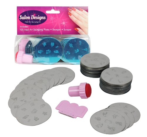 Nail Art Stamping Kit- 100 Manicure Plate Set with Polish Stamper and Scraper by Salon Designs