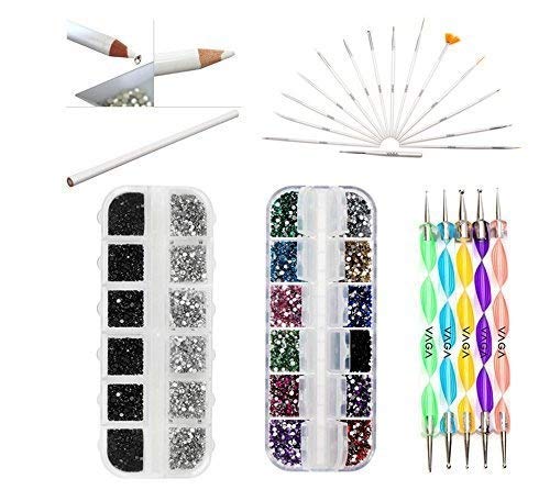 Professional Premium Nail Art Decorations Tools Set Kit With White Wax Rhinestones Picker Pencil / Pen, Black And Silver Gemstones, Mixed Colors Jewels In Box, 15 White Brushes / Stripers / Liners And 5 Double Ended Dotting Marbling Utensils By VAGA