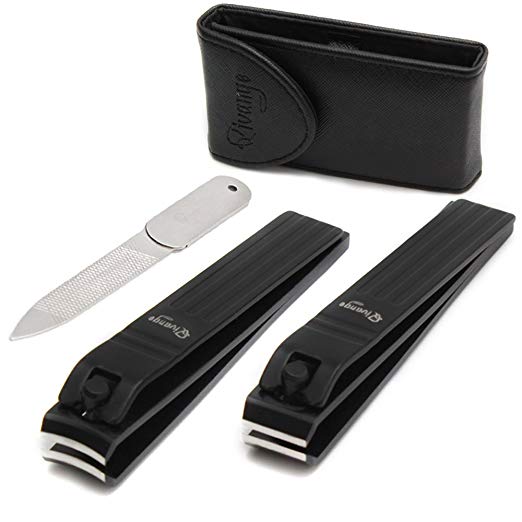 Qivange Nail Clipper Set Black Fingernail Toenail Clipper Metal File with Leather Case, Set of 3, Great Father's Day Gift