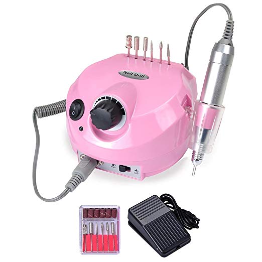 AW 30000RPM Electric Acrylic Nail Drill Manicure Pedicure Kit Pedal File Buffer Set w/ 6 Bits Beauty Salon Pink