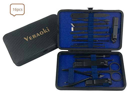 Manicure and Pedicure Set of 16pcs in Stainless Steel Black, Curticle Facial & Nail Care Kit for Men & Women Grooming kit with Black Leather Travel Case tools by Veraoki