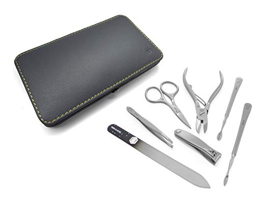 GERmanikure 7pc FINOX stainless steel manicure set in grey leather case