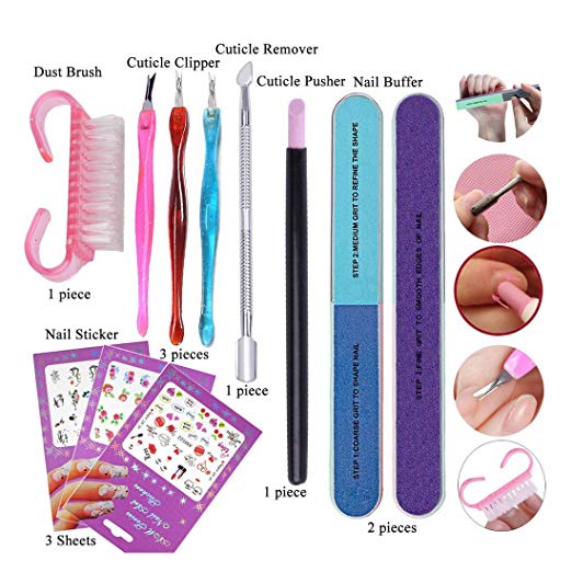 Nail Art Cuticle Remover Pusher Clippers Trimmer Nail File Buffer Dead Skin Removal Manicure Kit Nails Decoration Sticker Personal Care (Style 1)