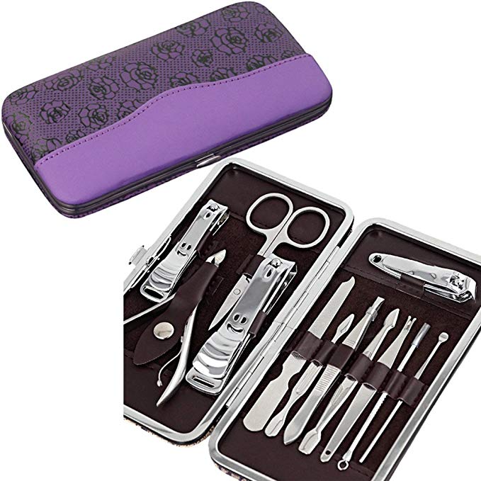 Lalago Stainless Steel Nail Care Personal Manicure & Pedicure Set, Travel & Grooming Kit Tool, 12-pieces (Purple rose)