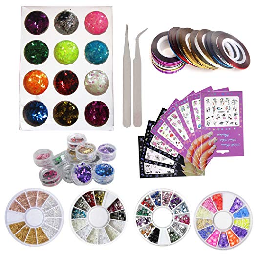 Nail Art DIY Accessories Set, Nail Chunky Glitters Sequins Flakes, Pearl Studs Fimo Rhinestone Round Metal Nail Striping Tape Line Flower Sticker Decals Decoration Kits (Bi010A)