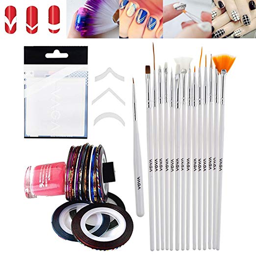 Best Deal Professional Manicure Nail Art Salon Quality Tools Accessories Set Kit Including 10pcs Cards Each With 51pcs White Guides Stickers / Strips In 3 Different Shapes For French Nails And Lines Designs / Patterns Application, 10 Different Rolls of Striping Tapes / Stripes Decorations And 15 Brushes / Stripers / Liners / Dotters By VAGA