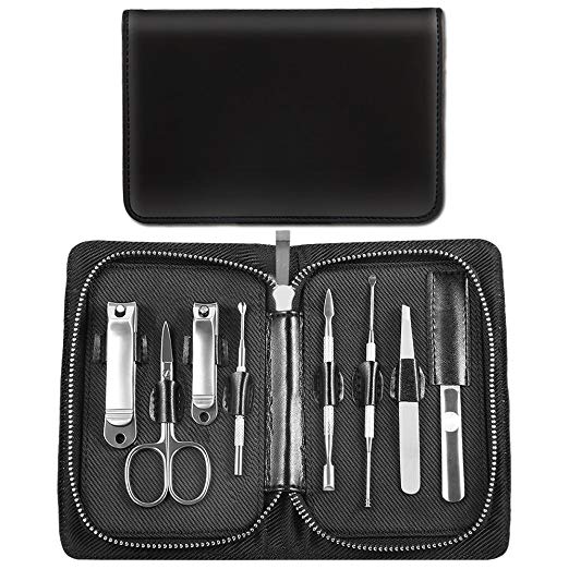 Manicure Set SURNORME Nail Clippers Set Pedicure Kit of 8 Piece Stainless Steel Travel Hygiene Kit Nail Cutter Care Set Grooming Kit with Portable Travel Case - Perfect Gift for Women Men(Black)