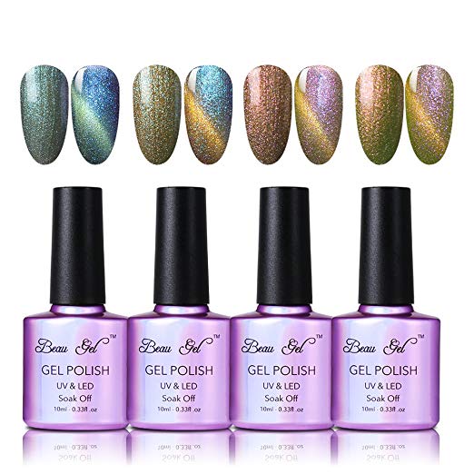 Beau Gel UV LED Soak off Gel Nail Polish 3D Cat Eye Chameleon Color Changing Nail Lacquers Set 4 Colors Combo DIY Nail Decor #09