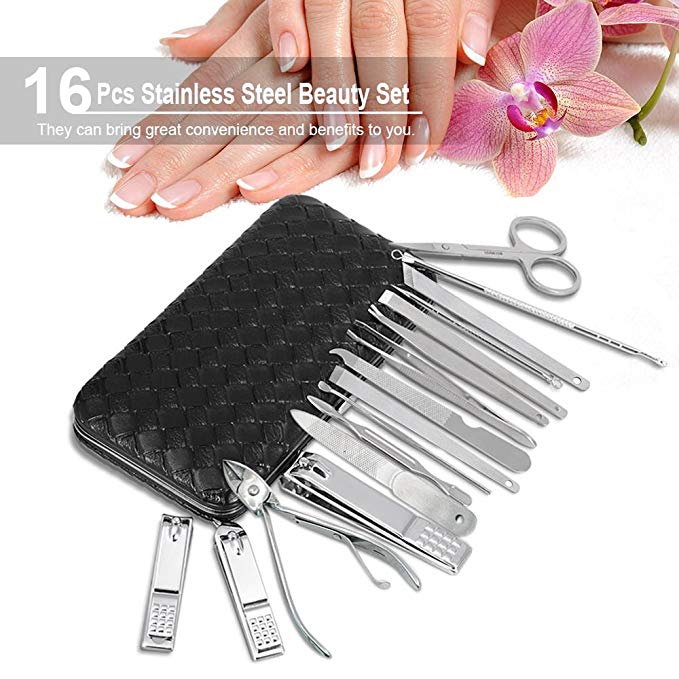 Manicure Pedicure Set Nail Clippers kits - Dodoshares 16 piece Stainless Steel Manicure Kit,Portable Travel Case Beauty Care Tools Professional Grooming Kits with Leather Case (Black)