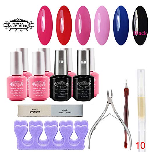 Perfect Summer 6 x 8ml Colors Gel Nail Polish UV LED Soak Off + Clear Base Coat and Top Coat with 6 PCS Nail Art Tools French Manicure Starter Kits 14 PCS Set #010