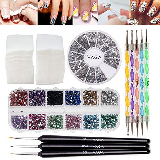 Best Quality Professional Nail Art Set Kit With Manicure Pedicure Make Up Soft Lint Free White Cotton Pads, Silver Rhinestones, Mixed Colors Gemstones In Box, 3 Wooden Fine Detail Brushes Liners And 5 Double Ended Dotting Marbling Tools By VAGA