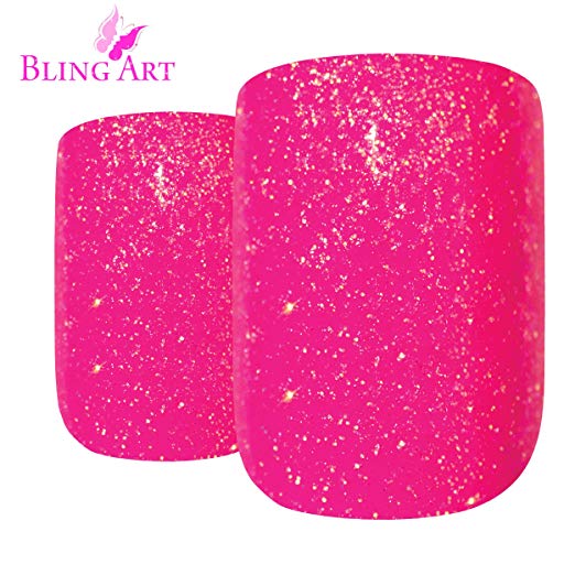 Bling Art False Nails French Fake Gel Pink Squoval 24 Acrylic Medium Tips