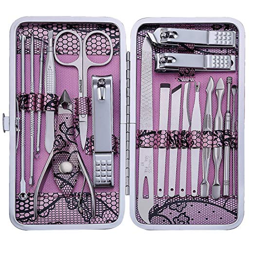 Manicure Set Nail Clippers 18 Piece Stainless Steel Nail Kit, Professional Grooming Kit, Pedicure Tools with Travel Case(Pink)